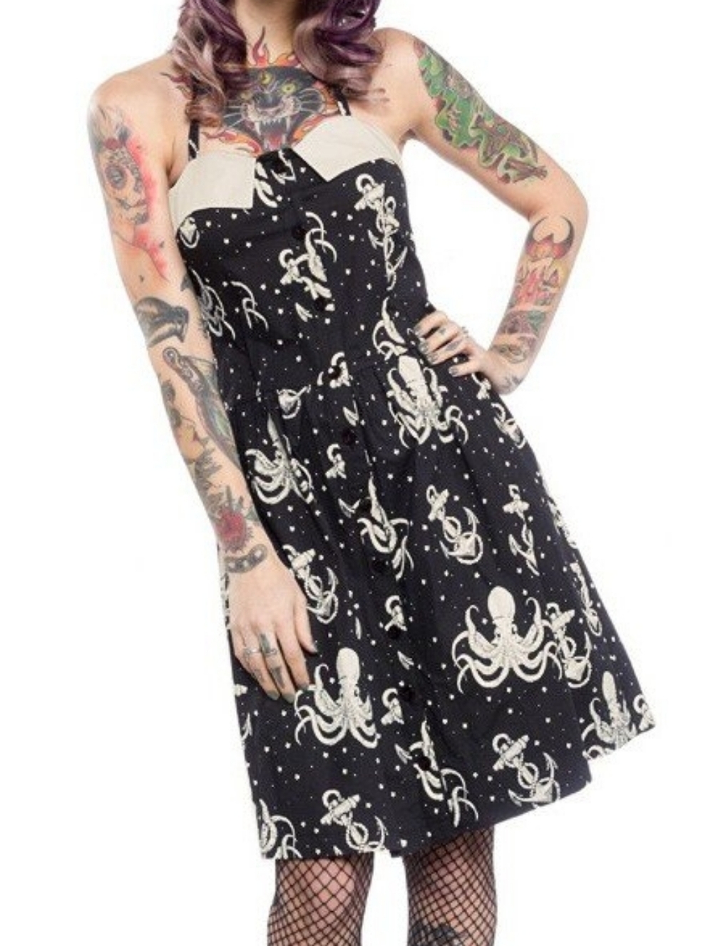 Sourpuss Out To Sea Dress Nautical Octopus Halter Black White Fit Flare Medium